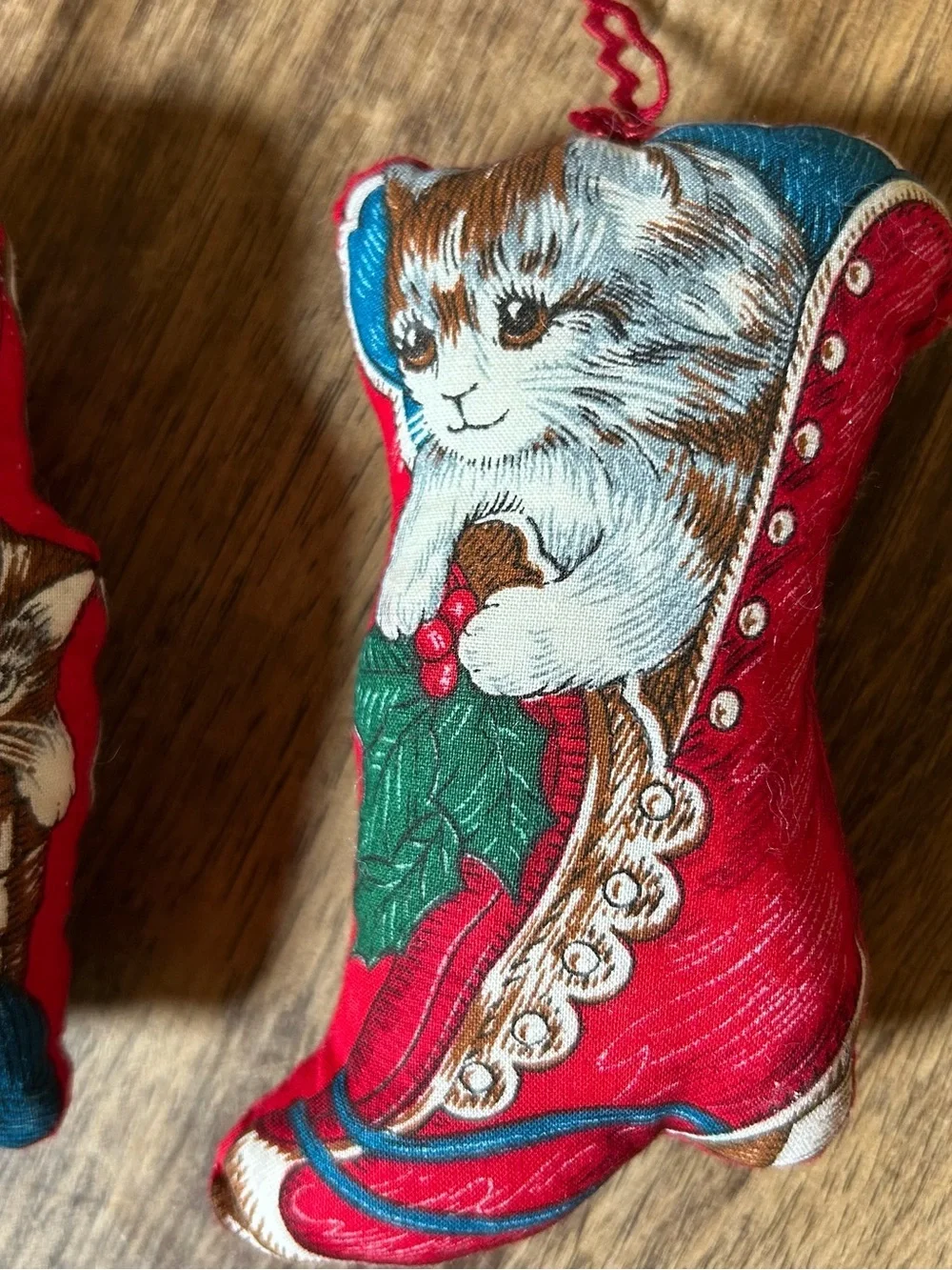 Vtg 80s Lot of 2 Cat Stuffed Fabric Christmas Ornaments Kitten Kitsch Handmade